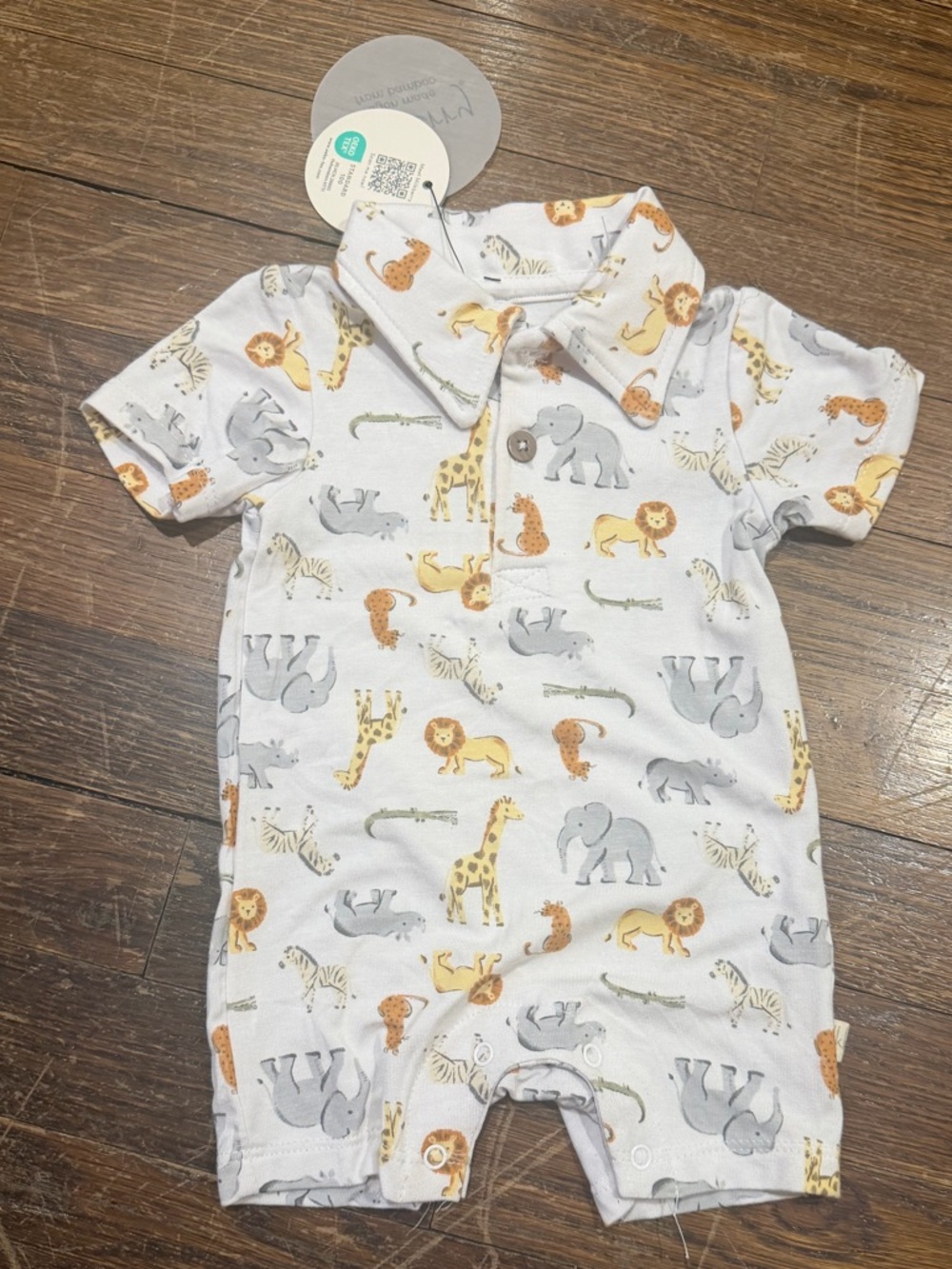 Safari Print Short-Sleeve One-Piece Bodysuit in White
